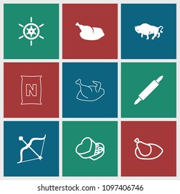 Brown icon. collection of 9 brown filled and outline icons such as buffalo, bow, chicken, dough pin, sweet box, helm. editable brown icons for web and mobile.