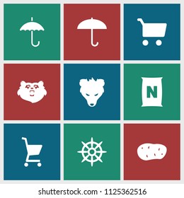 Brown icon. collection of 9 brown filled icons such as bear, umbrella, helm, shopping cart, potato. editable brown icons for web and mobile.