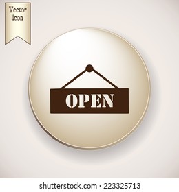 Brown icon on the round button with shadow. Vector icon sign open