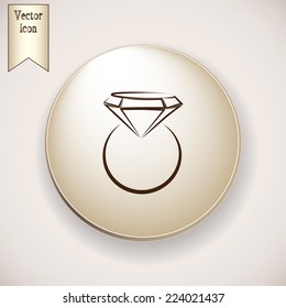 Brown icon on the round button with shadow. Vector illustration Ring with a jewel