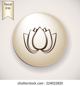 Brown icon on the round button with shadow. Vector illustration lotus