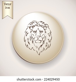Brown icon on the round button with shadow. Lion head - vector illustration 