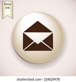 Brown icon on the round button with shadow. Vector icon Envelope with paper sheet - concept of email 