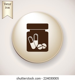 Brown icon on the round button with shadow. Vector icon Vial of medicine 