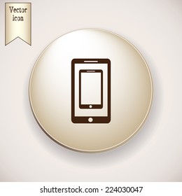 Brown icon on the round button with shadow. Vector illustration of smartphone icon 