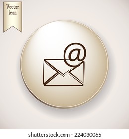 Brown icon on the round button with shadow. Vector icon Envelope with paper sheet - concept of email 