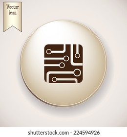 Brown icon on the round button with shadow. Circuit board, technology icon, vector illustration.