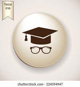 Brown icon on the round button with shadow. Graduation cap vector icon 