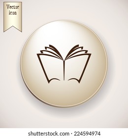 Brown icon on the round button with shadow. Vector book icon 
