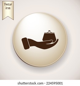 Brown icon on the round button with shadow. Vector icon hand holding a purse sign.