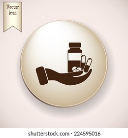 Brown icon on the round button with shadow. Vector icon hand holding a pill tablet sign. symbol of medicine and health.