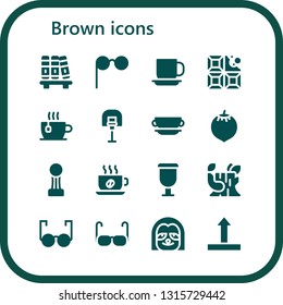 brown icon set. 16 filled brown icons.  Collection Of - Bookshelf, Glasses, Cup, Chocolate, Basketball, Coconut, Log, Sloth, Side up