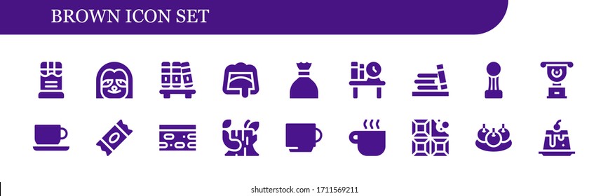 brown icon set. 18 filled brown icons. Included Chocolate, Sloth, Bookshelf, Sugar, Cup, Coffee cup, Nougat, Log, Bitterballen, Creme caramel icons