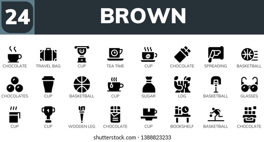 brown icon set. 24 filled brown icons.  Simple modern icons about  - Chocolate, Travel bag, Cup, Tea time, Spreading, Basketball, Chocolates, Sugar, Log, Glasses, Wooden leg, Bookshelf