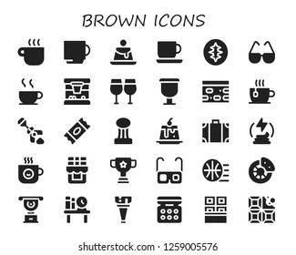  brown icon set. 30 filled brown icons. Simple modern icons about  - Coffee cup, Cup, Creme caramel, Sourdough, Glasses, Chocolate, Basketball, Nougat, Poop, Sugar, Travel bag