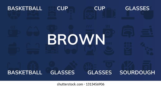 brown icon set. 32 filled brown icons. on blue background style Simple modern icons about  - Basketball, Cup, Glasses, Sourdough, Chocolate, Nougat, Chocolates, Sloth, Manure