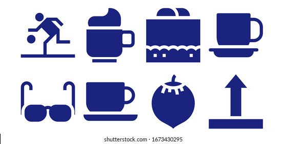 brown icon set. 8 filled brown icons.  Simple modern icons such as: Glasses, Basketball, Coffee cup, Cup, Coconut, Chocolate fudge, Side up