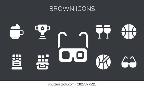 brown icon set. 9 filled brown icons. Included Glasses, Chocolate, Cup, Basketball icons