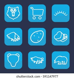brown icon. Set of 9 outline brown icons such as bear, buffalo, potato, eyelashes, sweet box