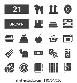 brown icon set. Collection of 21 filled brown icons included Bookcase, Parquet, Appointment book, Chocolate, Coffee beans, Dung, Book shelf, Camel, Litter box, Coconut, Poo, Bookshelf