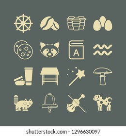 brown icon set with sail bell, raccoon and mushroom vector illustration