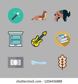 brown icon set. vector set about bison, ballet flats, videotape and books icons set.