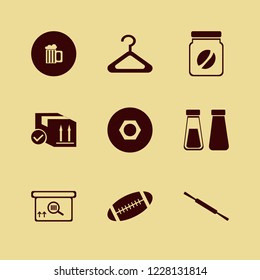 brown icon. brown vector icons set nut, beer glass, rugby ball and square barcode box