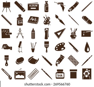 brown icons attribute art and stationery in white background.