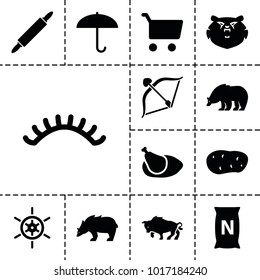 Brown icons. set of 13 editable filled brown icons such as bear, eyelashes, umbrella, shopping cart, bag with ground, chicken, dough pin, potato, buffalo, helm