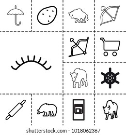 Brown icons. set of 13 editable outline brown icons such as potato, bear, buffalo, eyelashes, shopping cart, bow, dough pin, vending machine, helm