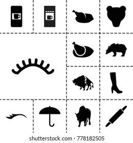 Brown icons. set of 13 editable filled brown icons such as vending machine, buffalo, woman boot, eyelashes, umbrella, bear, chicken