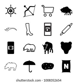 Brown icons. set of 16 editable filled and outline brown icons such as vending machine, umbrella, bear, bow, woman boot, shopping cart, dough pin, potato, buffalo, eyelashes