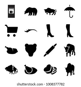 Brown icons. set of 16 editable filled brown icons such as bear, buffalo, woman boot, shopping cart, sweet box, chicken, dough pin, vending machine, eyelashes