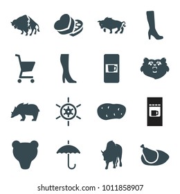 Brown icons. set of 16 editable filled brown icons such as vending machine, bear, buffalo, woman boot, sweet box, chicken, potato, umbrella, shopping cart