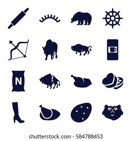 brown icons set. Set of 16 brown filled icons such as potato, bear, buffalo, vending machine, woman boot, eyelashes, bag with ground, helm, sweet box, bow, chicken