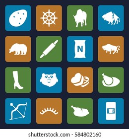 brown icons set. Set of 16 brown filled icons such as potato, bear, buffalo, vending machine, woman boot, eyelashes, bag with ground, helm, sweet box, bow, chicken