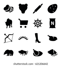 Brown icons set. set of 16 brown filled icons such as potato, bear, buffalo, woman boot, eyelashes, bag with ground, helm, sweet box, bow, chicken, dough pin