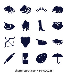 Brown icons set. set of 16 brown filled icons such as potato, bear, buffalo, vending machine, woman boot, eyelashes, sweet box, bow, chicken, dough pin