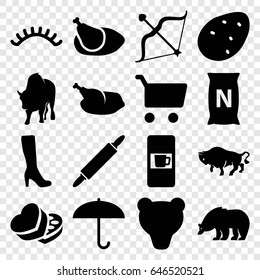 Brown icons set. set of 16 brown filled icons such as potato, bear, buffalo, vending machine, woman boot, eyelashes, bag with ground, sweet box, bow, chicken, dough pin
