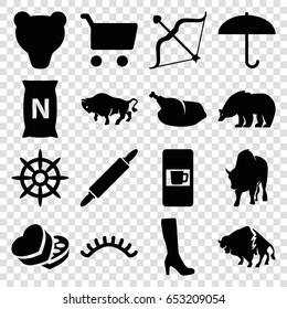 Brown icons set. set of 16 brown filled icons such as bear, buffalo, vending machine, woman boot, eyelashes, bag with ground, helm, sweet box, bow, chicken, dough pin