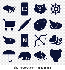Brown icons set. set of 16 brown filled icons such as potato, bear, buffalo, vending machine, bag with ground, helm, sweet box, bow, chicken, dough pin, shopping cart