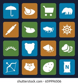 Brown icons set. set of 16 brown filled icons such as potato, bear, buffalo, eyelashes, bag with ground, helm, sweet box, bow, chicken, dough pin, shopping cart