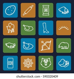 brown icons set. Set of 16 brown outline icons such as vending machine, bear, buffalo, potato, woman boot, eyelashes, bag with ground, helm, sweet box, bow, chicken