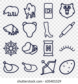 Brown icons set. set of 16 brown outline icons such as vending machine, bear, buffalo, potato, woman boot, eyelashes, bag with ground, helm, sweet box, bow, chicken