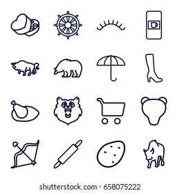 Brown icons set. set of 16 brown outline icons such as vending machine, bear, buffalo, potato, woman boot, eyelashes, helm, sweet box, bow, chicken, dough pin, shopping cart
