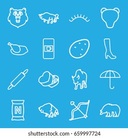 Brown icons set. set of 16 brown outline icons such as vending machine, bear, buffalo, potato, woman boot, eyelashes, bag with ground, sweet box, bow, chicken, dough pin