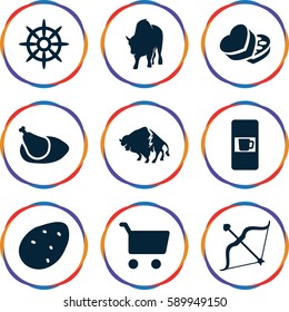 brown icons set. Set of 9 brown filled icons such as potato, buffalo, vending machine, helm, sweet box, bow, chicken
