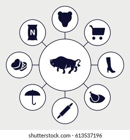 Brown icons set. set of 9 brown filled icons such as buffalo, woman boot, bag with ground, sweet box, chicken, dough pin, shopping cart, bear