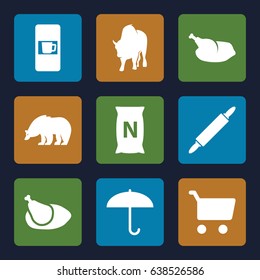 Brown icons set. set of 9 brown filled icons such as bear, buffalo, vending machine, bag with ground, chicken, dough pin, shopping cart