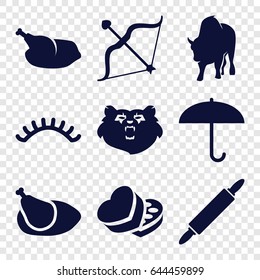 Brown icons set. set of 9 brown filled icons such as bear, buffalo, eyelashes, sweet box, bow, chicken, dough pin